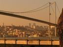 The Bosphorus Bridge as seen from the Palace gardens. The Bridge connects European Istanbul to Asian Istanbul.
